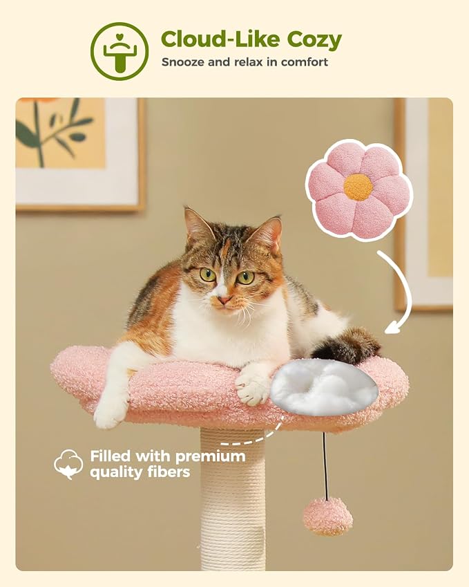 37.4" Flower Cat Tree with 2 Hammocks & 6 Sisal Posts, Pink | Flower top perch, 2 spacious hammocks, 6 sisal posts, Cute small tower, For indoor kittens, Sturdy build - Image 4