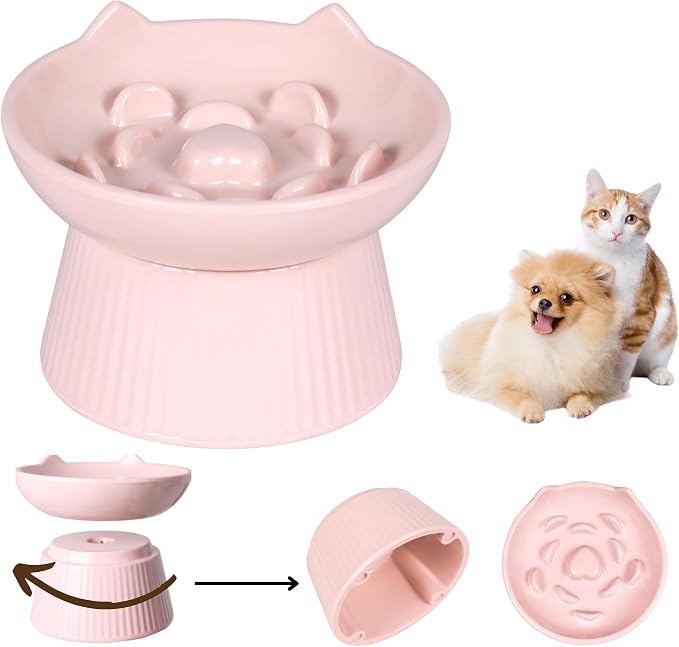 Unbreakable Raised Slow Feeder Bowl for Cats and Small Dogs, Elevated Cat Bowls, Detachable Slow Feede Bowl, Heavy Weighted, Non-Slip Feeder, Dry & Wet Food, Whisker Friendly (Pink; 6.2'') by FullCharm
