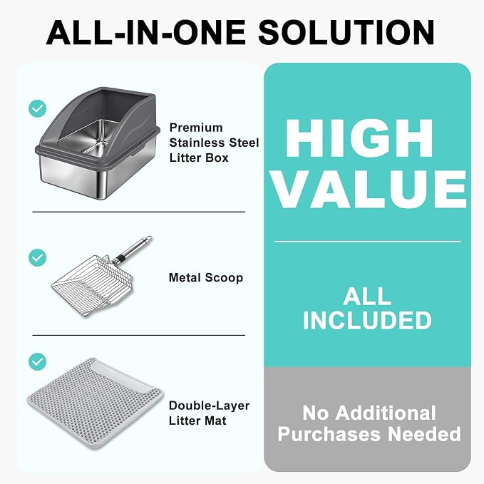 AIPERRO Stainless Steel Litter Box | XL Metal Cat Litter Boxs with Lid | Enclosed High Sided for Big Cats | Anti-Urine Leakage | Non-Stick & Easy to Clean with Litter Mat & Metal Scoop (Dark Gray) - Image 2