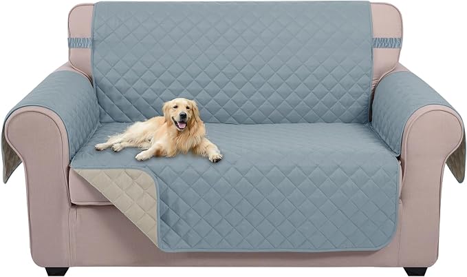 U-NICE HOME Loveseat Sofa Cover for 2 Cushion Couch, Light Blue/Beige | 45''Loveseat Cover Washable, Pet Friendly, Elastic Straps, Water Repellent, Furniture Protector for 2 Cushion by U-NICEHOME