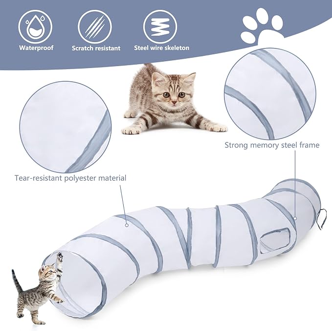Sheldamy Cat Tunnel, S-2-Way Cat Tunnels for Indoor Cats, Collapsible Cat Play Tunnel, Interactive Toy Maze Cat House with 1 Play Ball for Cats, Puppy, Kitty, Kitten, Rabbit (White & Gray) - Image 3