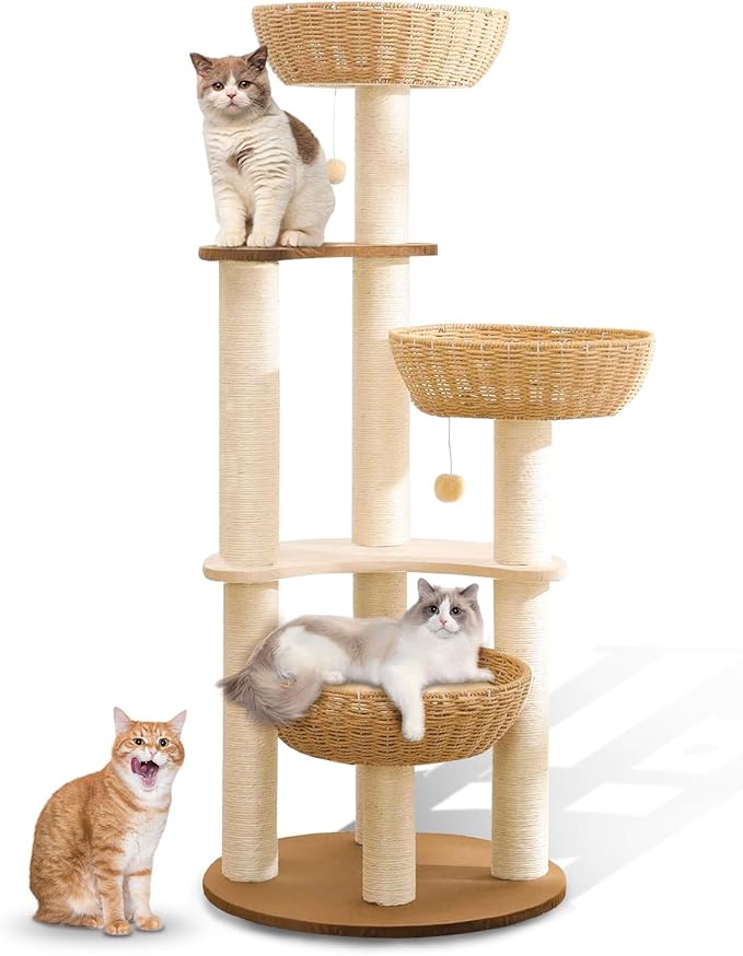 52" Modern Cat Tree Tower for Large Cats, 3Cat Nests Manual Hand Woven Multilevel Huge Paws Pals Cat Tree, Wood Cat Tower, Cat Scratching Tree, Cat Condo, Cat Lover Gift by Hiyong