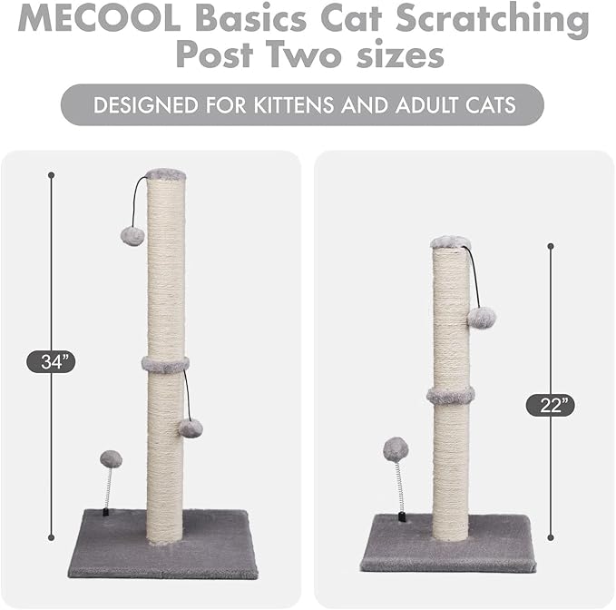 MECOOL 34“ Tall Cat Scratching Post Premium Basics Kitten Scratcher Sisal Scratch Posts Trees with Hanging Ball for Indoor Cats, Gray - Image 5