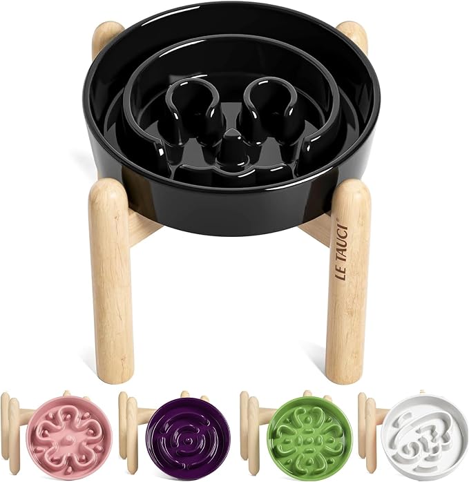 LE TAUCI Ceramic Slow Feeder Dog Bowls Elevated, 3 Cup Raised Bowl with Wooden Stand for Medium Large Breed, Slow Down Eating, Puzzle Dog Food Bowl,Skull Black by LETAUCI