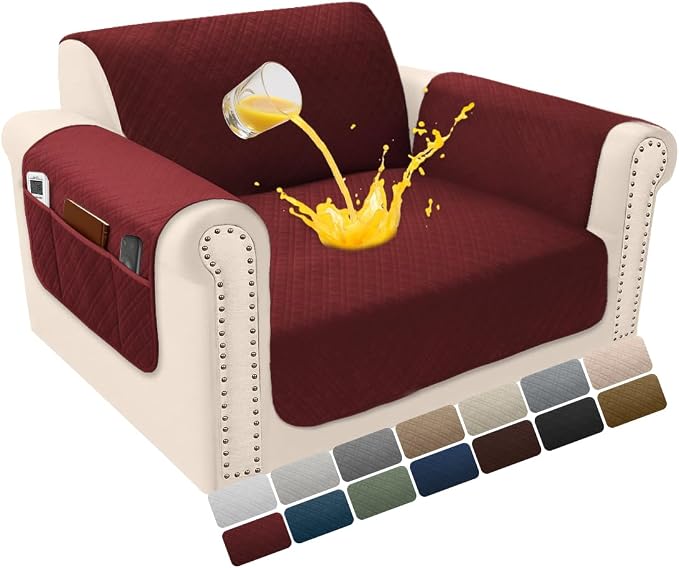 Velvet 100% Waterproof Chair Covers for Living Room Sofa Armchair Cover Washable Couch Arm Chair Slipcovers for Dogs Non Slip Quilted Furniture Protector with Pockets (Small, Wine Red) by YUEVELLASofaCover