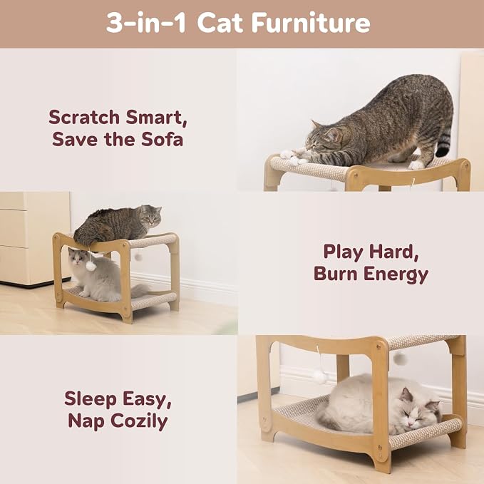 AIXINPET Two-Level Sisal Cat Scratcher Bed - Sturdy Cat Scratching Post with Scratch Pad&Hammock Bed, Comfortable Cats Bed for Indoor Kittens&Adult Cats -Sturdy Wooden Frame,Protect Furniture - Image 4