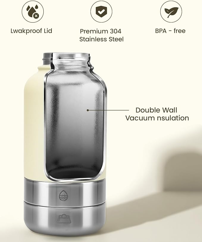 34oz Dog Water Bottle, Stainless Steel Dog Water Bottle Dispenser with Detachable Food & Water Bowls, Keeps Water Hot/Cold, for Walking, Hiking, Camping(Cream) - Image 7