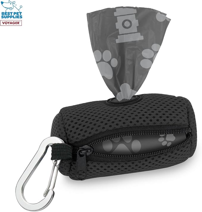 Best Pet Supplies Dog Poop Bag Holder Leash Attachment with Reusable Dispenser for Travel, Walking, Park, and Outdoor Use, Durable with Clip-On - Black, Mesh Dispenser w/15 Bags - Image 2