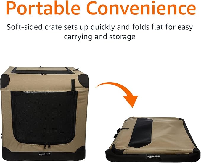 Amazon Basics Portable Folding Soft Dog Crate, Double Door, Collapsible Travel Kennel, Easy to Set Up, Sturdy, Secure, XL 42" x 31" x 31", Tan - Image 6