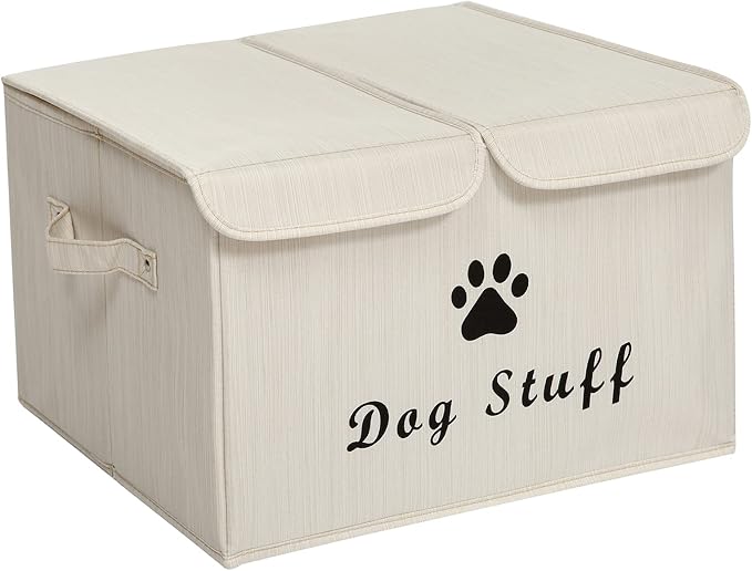 Large Dog Toys Storage Box Canvas Storage Basket Bin Organizer with Lid - Collapsible Linen Bin Ideal for Organizing Dog Cat Toys and pet Stuff-PP Boad-17" x 12" x 10" - Slub Beige by Brabtod
