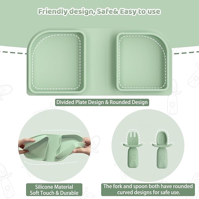 Green Foldable Silicone Baby Feeding Set, Portable Travel Baby Feeding Essentials Including Toddler Plates, Silicone Baby Spoon&Fork, Adjustable Foldable Bib, Portable Infant Toddler Utensils - Image 4
