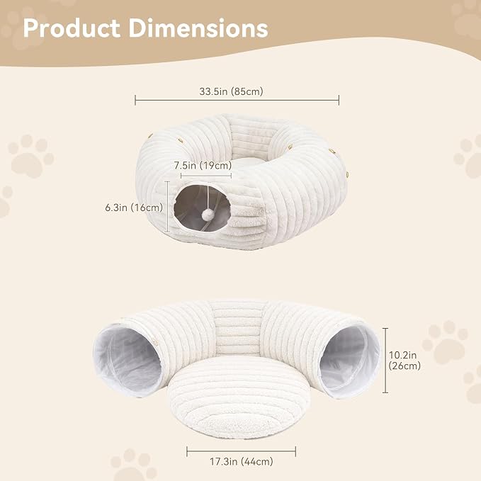 Dogpals Cat Tunnel Bed Cave 33" Lx10 Wx10 H for Indoor Cats (White) | Washable Cozy Cushion, Soft Striped Plush Fabric, Hideaway Peekaboo Cave for Kittens, Puppies, Rabbits & Small Pets - Image 6