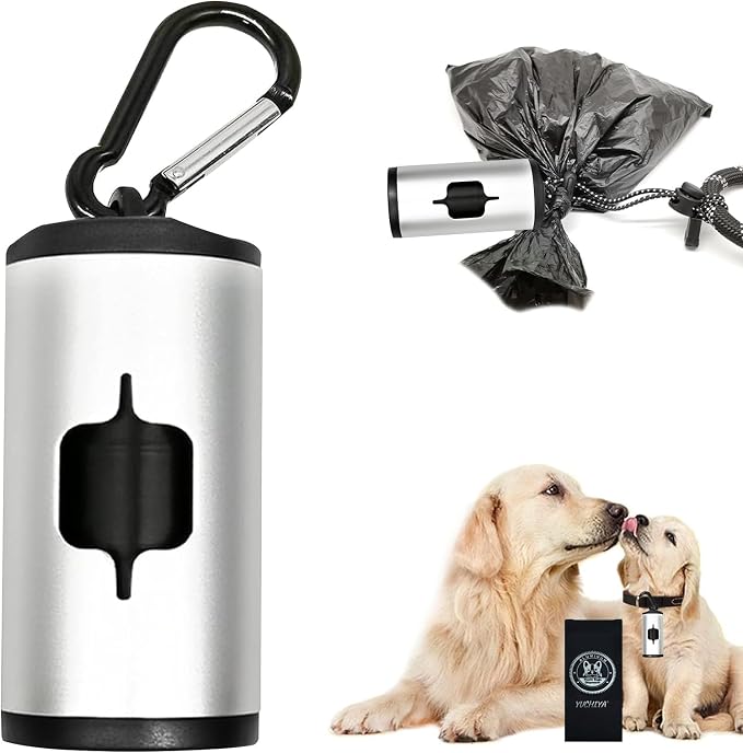 YUCHIYA Aluminum Dog Poop Bags Holder with Carabiner Metal Pet Waste Bags Dispenser with Hook and Loop Fastener and Elastic Cord to Carry Used Bags (Silver, 1 Holder 15 Bags) by YUCHIYA