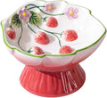 Strawberry Blooms Elevated Ceramic Cat Bowl, Red | Raised Cat Food Bowl with 15° Tilt, Whisker-Friendly Pet Feeding Bowl, Anti-Choking Dish, Dishwasher Safe by PawsPik