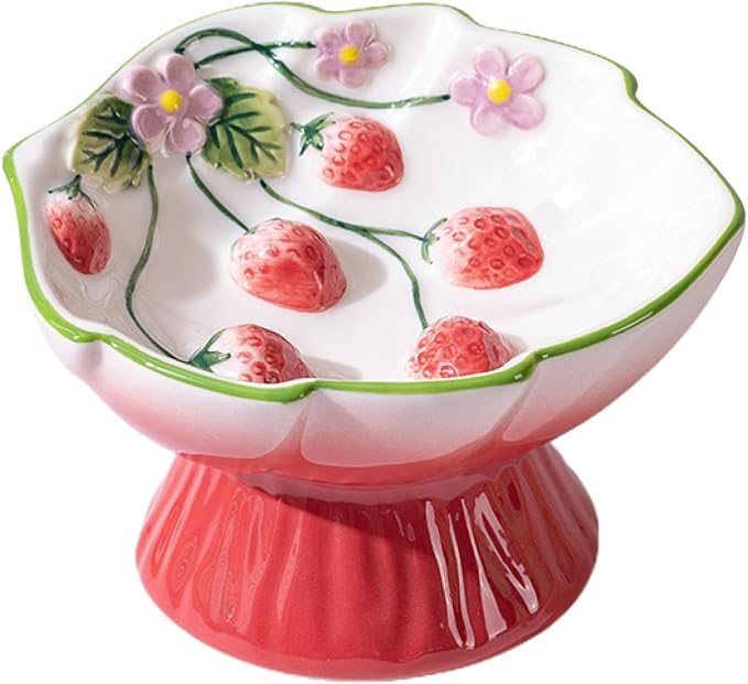 Strawberry Blooms Elevated Ceramic Cat Bowl, Red | Raised Cat Food Bowl with 15° Tilt, Whisker-Friendly Pet Feeding Bowl, Anti-Choking Dish, Dishwasher Safe by PawsPik
