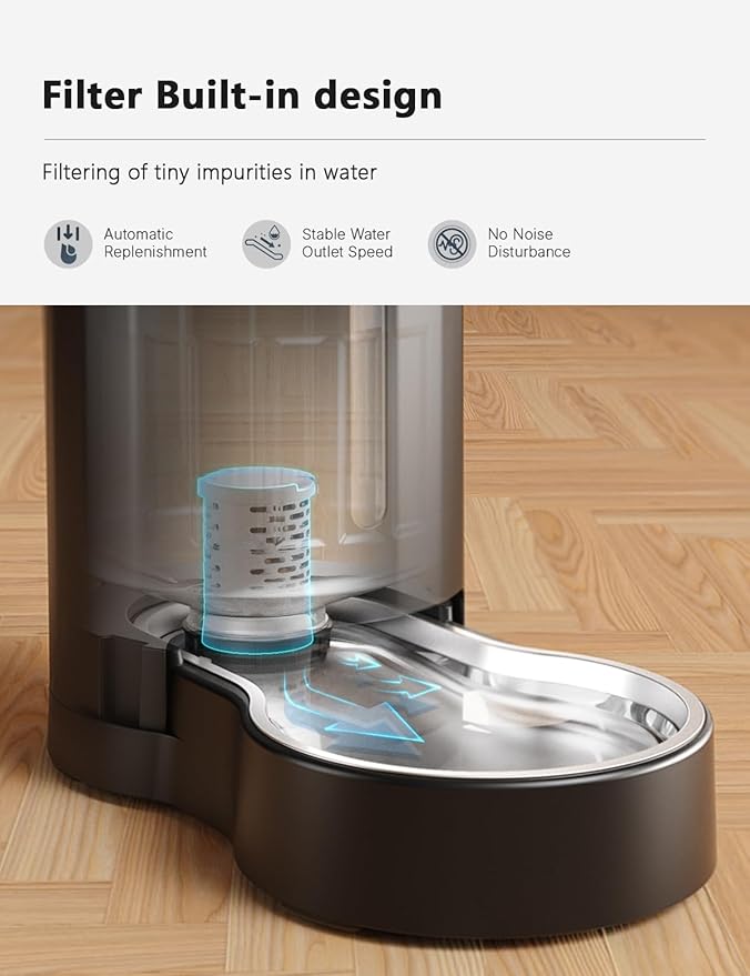 CZPET 2.5 Gallon Dog Water Bowl Dispenser with Filter (9.5L,Black) | With Stainless Steel Bowl Gravity Waterer, Large Capacity and Drinking Area Noise-Free for Pets - Image 4