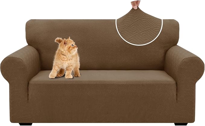XINEAGE Stretch Jacquard Loveseat Cover, Non Slip Sofa Slipcover for Dog | High-Stretch Fabric. Wear-Resistant, Pet Friendly. Easy Install & Washable for Living Rooms, Offices.Brown by XINEAGE