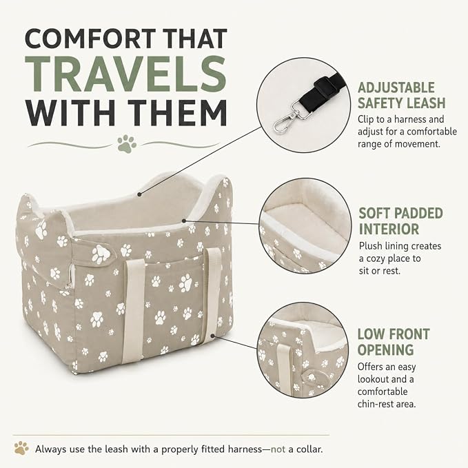 Dog Car Seat for Small Dogs (Under 15 lbs) – Center Console Pet Carrier with Safety Belt, Storage Pockets & Removable Washable Cover (Khaki Car Seat) - Image 6