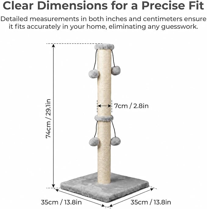 Dimaka 29'' Cat Scratching Post, Natural Sisal Rope Scratcher Post, Kitten Claw Scratch with 4 DanglingToy Balls for Large Cats (Grey) - Image 2
