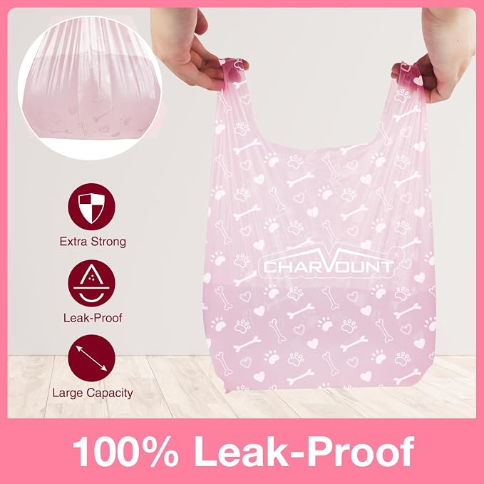 Charmount 270 Counts Unscented Dog Poop Bags Rolls with Handles | 16"x8"Extra Thick Pet Waste Bag, Leak Proof and Easy Tie, Cat Litter Bags, Pink - Image 7