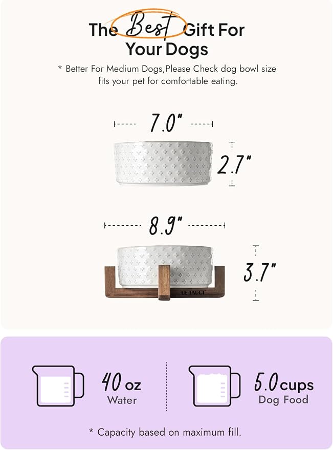 LE TAUCI Ceramic Dog Bowls for Large Dogs - 7" Elevated Water Bowl with Acacia Wood Stand, Single Pet Bowl Set for Food & Water, Clover - Image 3
