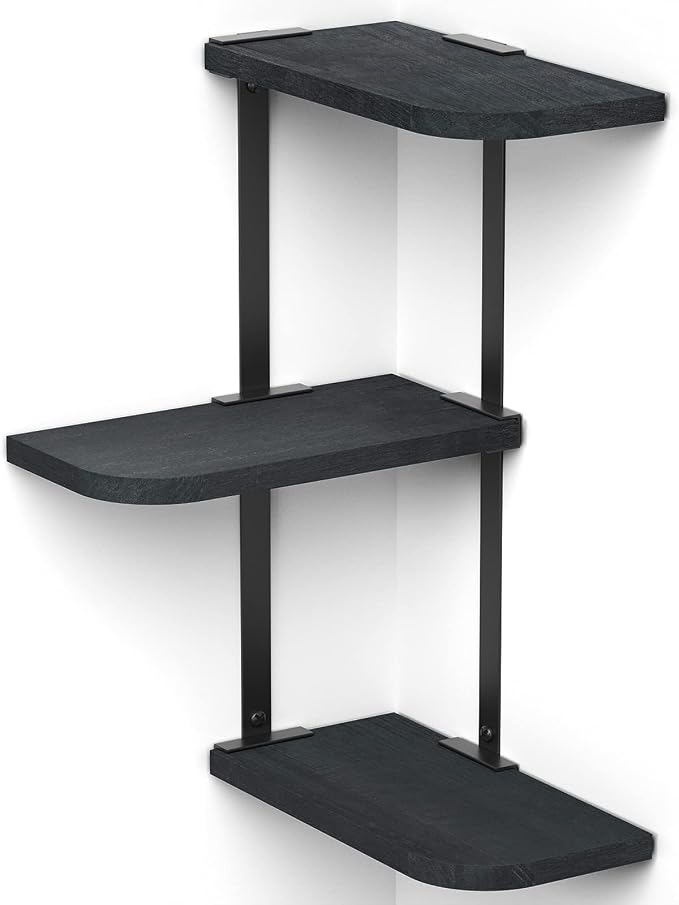Love-KANKEI Corner Wall Shelf 3 Tier,Solid Wood with Bracket,17" Tall,Black | Floating Wall Shelves,Easy to Install,Capacity 26 Lbs,For Bedroom Living Room Bathroom Kitchen Office Display,Wall Decor by Love-KANKEI