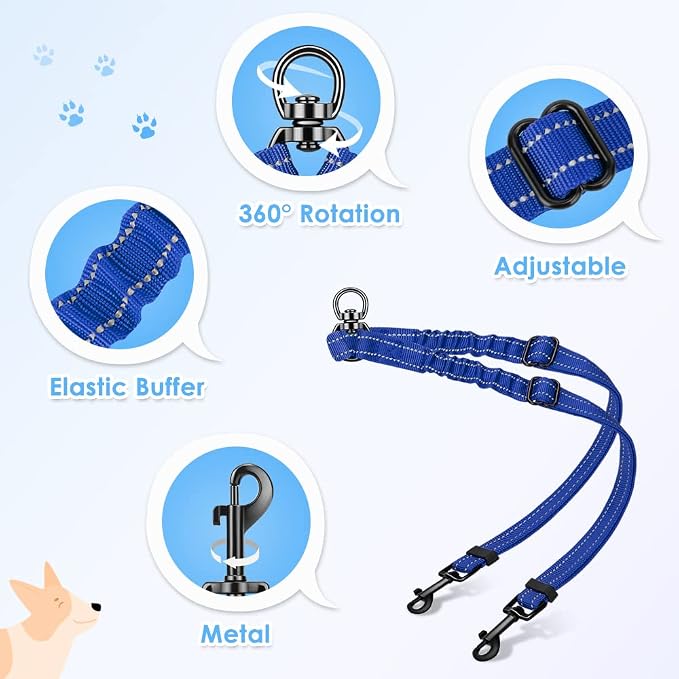 AUTOWT Double Dog Leash, No Tangle 360°Swivel Rotation Reflective Lead Attachment Adjustable Length Dual Two Dogs Lead Splitter, Comfortable Shock Absorbing Walking Training for 2 Dogs - Image 4