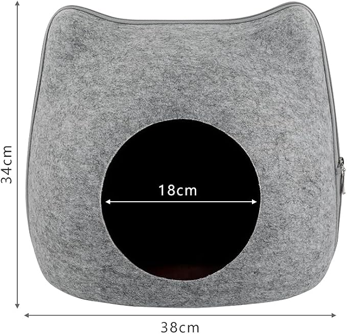Felt Cat Cave Bed with Removable Cover, Cozy Pet Shelter for Indoor Cats, Zippered Washable Cat House with Roomy Interior (Light Gray, for Cats Under 15 lbs, Cat Ear Style) - Image 2