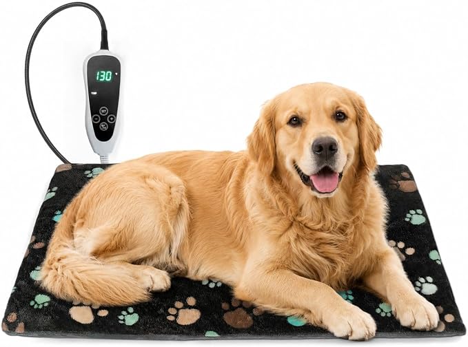 Dog Heating Pad 32x20in with Smart Thermostat Switch and Power Line Protection Tube,Obtained MET and UL Dual Certification,Waterproof Pet Heating Pad for Dogs with Plush Fabric Cover-Black by Afullrangeofservicesforyourpet