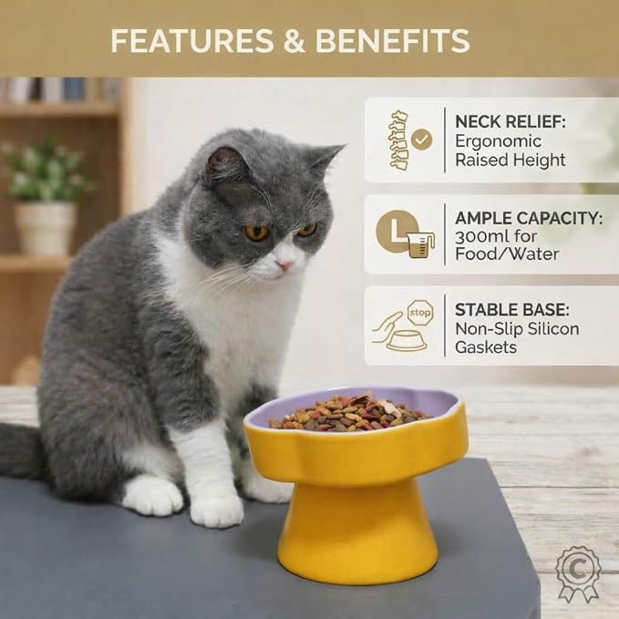 Ceramic Elevated Slow Feeder Cat Bowl, Raised and Gently Tilted Feeding Dish with Maze Design, Whisker-Friendly, Easy to Clean, for Indoor Cats and Small Dogs (Yellow/Purple) - Image 6