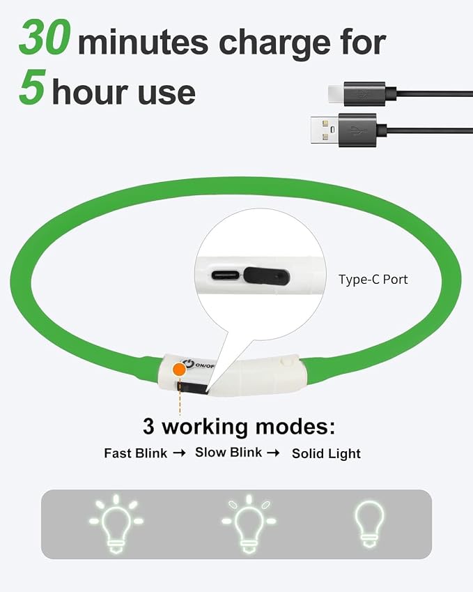 Joytale Light Up Dog Collar, LED Silicone Cut-to-Fit Rainproof, Green | Soft Skin-Friendly Won't Chafe, 360° Glow Keeps Dogs Visible at Night, 3 Modes, Rechargeable USB-C, Small Medium Large Dogs - Image 4
