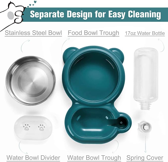 Dog Bowls, Cat Food and Water Bowl Set with Water Dispenser and Stainless Steel Bowl for Cats and Small Dogs - Dark Green - Image 3