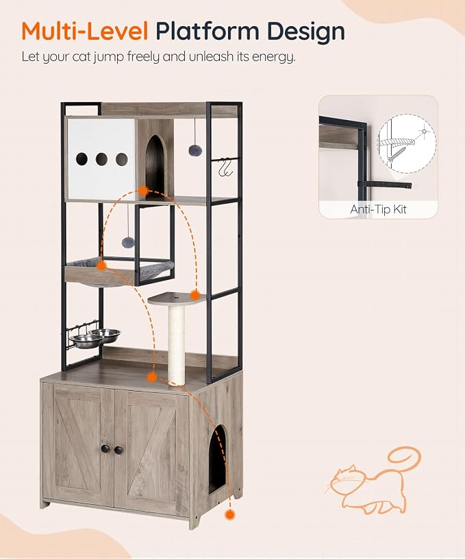 HOOBRO Cat Tree with Litter Box Enclosure, 58.7" H Cat Tower with Hidden Litter Box Furniture, with Scratching Post, Step, Hammock, Multifunctional Pet Furniture with Food Bowls, Greige BG30MZ03G1 - Image 9