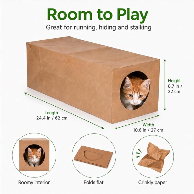 JO! Collapsible Paper Cat Tunnel, Crinkle Hideaway Toy for Indoor Cats | 100% paper, 24.4 x 10.6 x 8.7 in, Brown, Roomy for adult cats, For hiding, pouncing and hide-and-seek play - Image 3