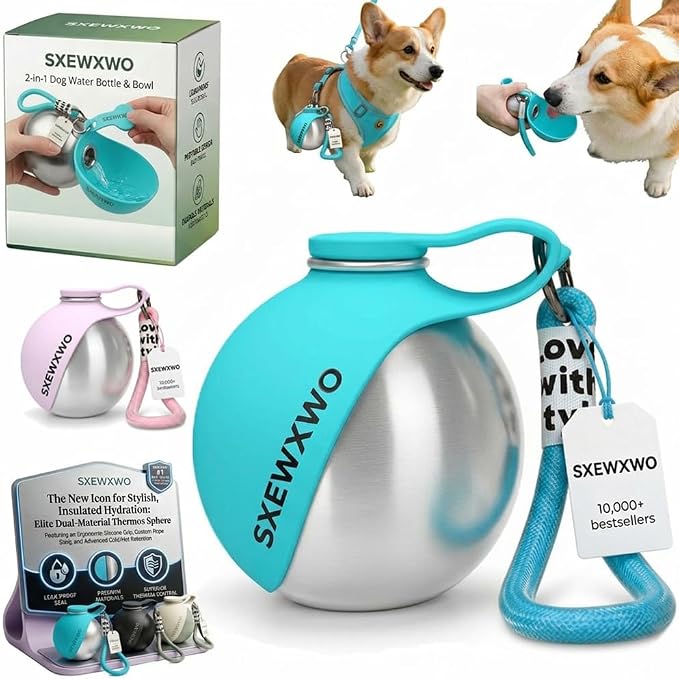 The 2-in-1 Dog Water Bottle & Bowl 2026 New Portable Trave Pet Dispenser Perros Silicone Water Ball Spill Proof Container Design on Walks Walking Hiking Insulated Round Botella Animal (Blue) by Unknown