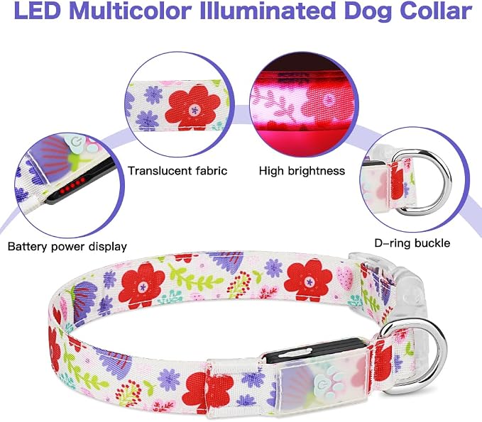Light Up Dog Collar, USB Rechargeable, Floral Rose Print (L) | USB Rechargeable LED Dog Collar with Bright Light, Adjustable Fit, Floral Daisy Rose Design for Safe Night Walks - Image 4