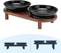 SPUNKYJUNKY Shallow Elevated Cat Bowl with Acacia Wood Stand Wide Raised Ceramic Cat Dishes Whisker Friendly Pet Food and Water Plates (Striped Pattern, Black) by SPUNKYJUNKY