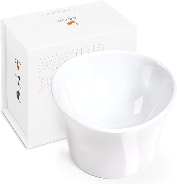 Elevated Cat Bowls for Water – Whisker & Neck Fatigue Shallow Cat Dishes – Raised Bowl for Indoor Cats – Vet-Recommended Height, Food-Grade Melamine – Non-Slip & Dishwasher-Safe – 8 oz White by CATnKStudioNYC