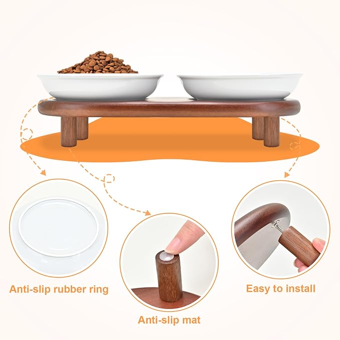 SPUNKYJUNKY Shallow Elevated Cat Bowl with Acacia Wood Stand Wide Raised Ceramic Cat Dishes Whisker Friendly Pet Food and Water Plates (Striped Pattern, White) - Image 5