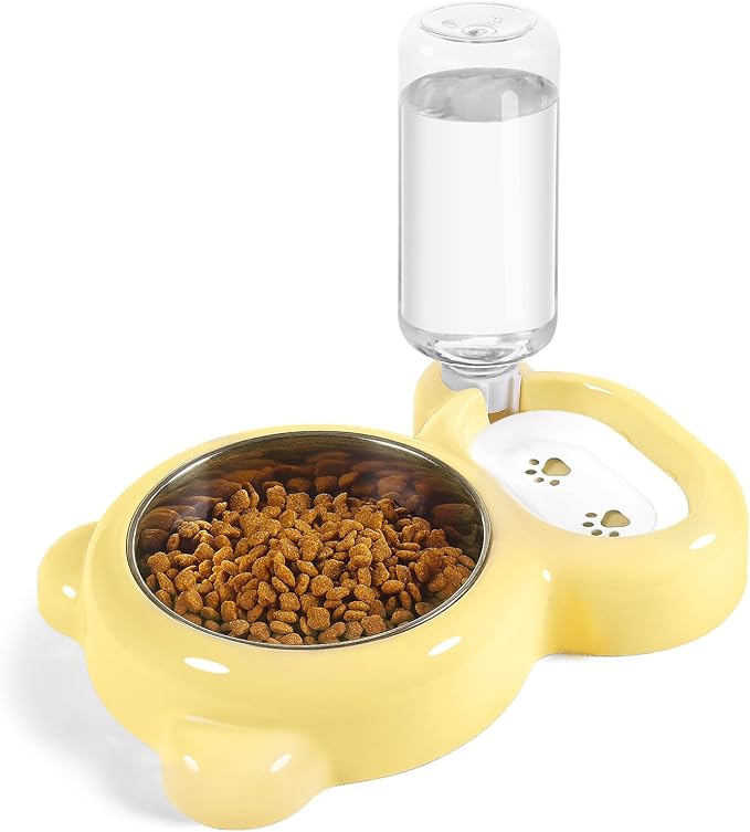 Dog Bowls, Cat Food and Water Bowl Set with Water Dispenser and Stainless Steel Bowl for Cats and Small Dogs - Yellow by Azwraith