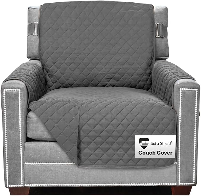 Sofa Shield® Couch Chair Slip Cover for Dogs with Strap, Charcoal | Reversible Furniture Protector, Stain and Tear Resistant Cushion Cover, Machine Washable Slipcover for Pets, Cats 70 inch by SofaShield