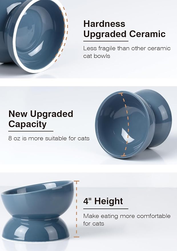 ABRUTY Cat Water Bowl, 16 OZ Ceramic Elevated Cat Bowls, 15° Tilted and Raised Pet Food Dish, Anti Vomiting Protect Pets' Spines and Whisker Fatigue, Blue - Image 4