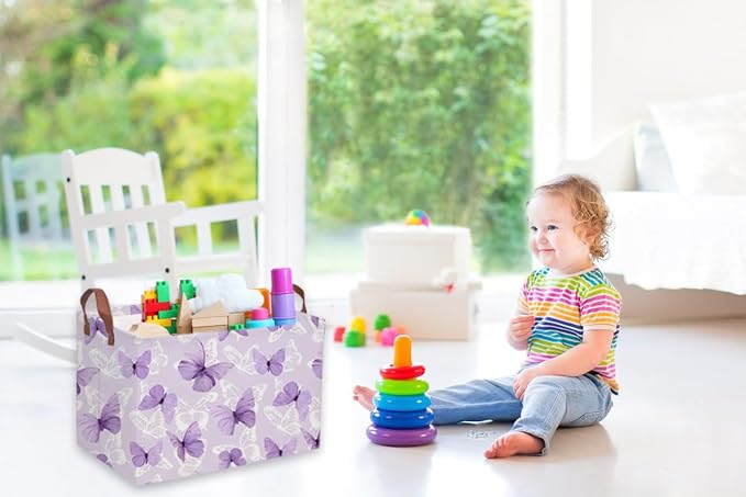 Sanjiaofeng Rectangular Kids Basket Butterfly Storage Bins,Girls Storage Basket with Handles.Clothers,Toys,Books,Kid's Gifts Bins. (Purple Butterfly) - Image 2