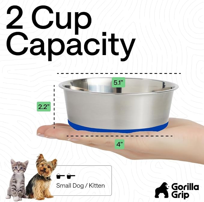 GORILLA GRIP Dog Bowls, Food Grade Stainless Steel, Set of 2, 2 Cup, Blue | 304 Stainless Steel Pet Feeding Bowls Hold 16 fl oz Each, Dishwasher Safe, Rust Resistant, BPA Free Rubber Base - Image 4