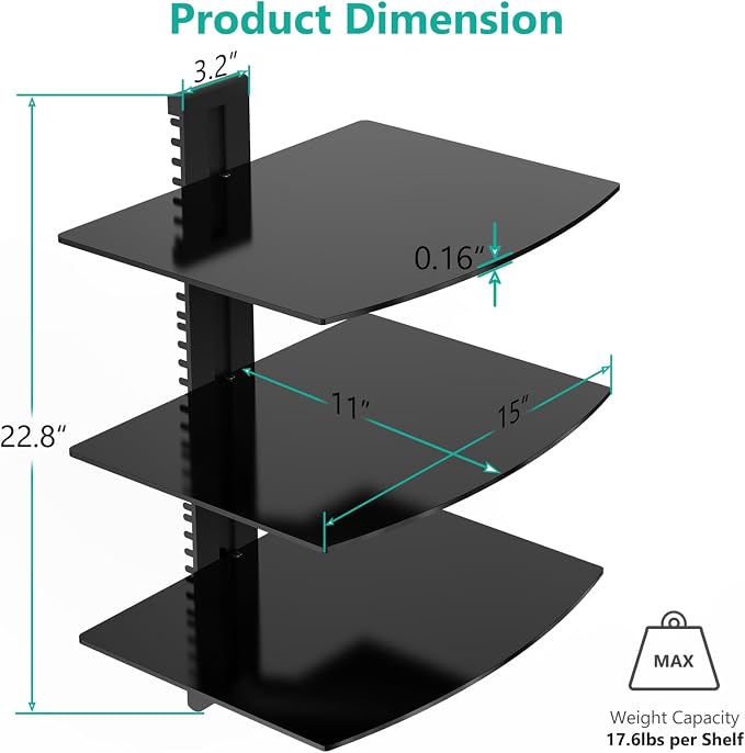 WALI Floating TV Shelf, 3 Tier Glass Projector Shelf for DVD Players, Routers, Game Consoles, Cable Boxes, Living Room Decor Accessories, Wall Mount Shelves Holds Up to 17.6lbs(CS303B), 3-Shelf, Black - Image 3