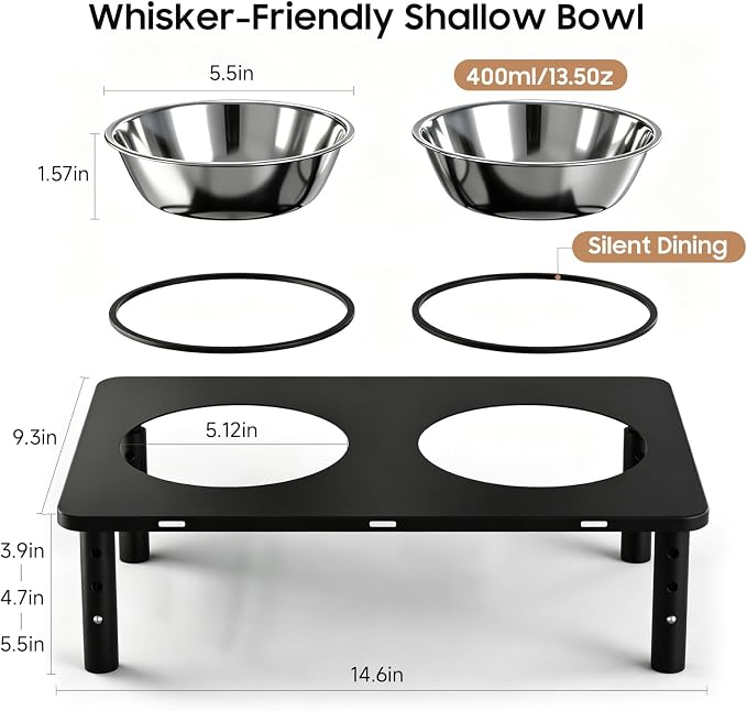 Adjustable Elevated Cat Bowls,6°/12° Tilted Cat Bowl Stand Anti-Vomiting | 3 Heights,Raised Cat Food and Water Bowl Set with Metal Stand,2 Stainless Steel Bowls for Cats and Puppy - Image 5