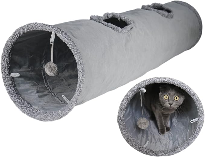 Cat Tunnel for Indoor Cats, 51×12 inch Foldable Big Cat Tunnel, Grey Suede Pet Tunnels with Two Peepholes and a Bubble Ball by Terunat