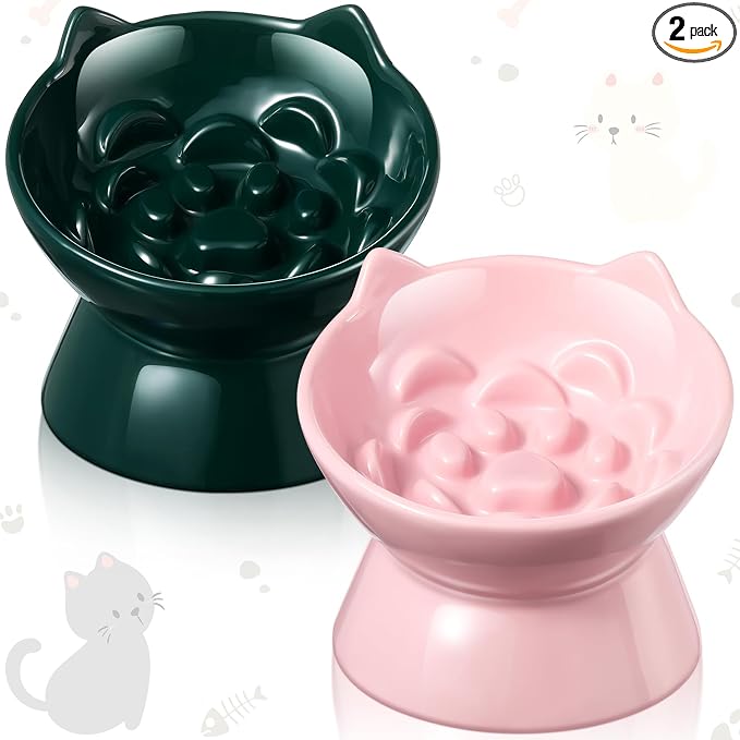 Funnymoom 2 Pcs Ceramic Raised Slow Feeder Cat Bowl, 5.91inch Elevated Cat Slow Feeder Bowl Tilted Anti Vomiting for Dry Wet Food and Water Easy to Clean High Edge(Dark Green, Pink) by Funnymoom