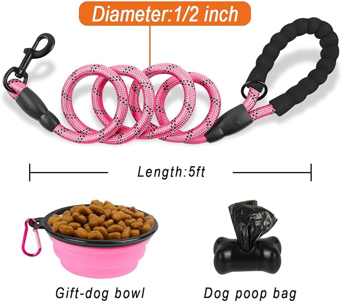 BARKBAY Dog Leashes for Large Dogs Heavy Duty Dog Leash 4/5/6 FT with Comfortable Padded Handle and Highly Reflective Threads for Medium Large Dogs Walking Training Running (5FT-1/2'',Pink) - Image 6