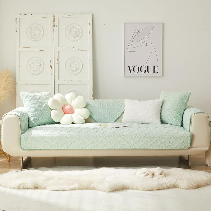 vctops Geometric Jacquard Plush Sofa Couch Covers Farmhouse Neutral Non Slip Sectional Couch Cover Soft Warm Sofa Slipcover for Dogs, Children, Pets Furniture Protector (Green,36"x70") - Image 2